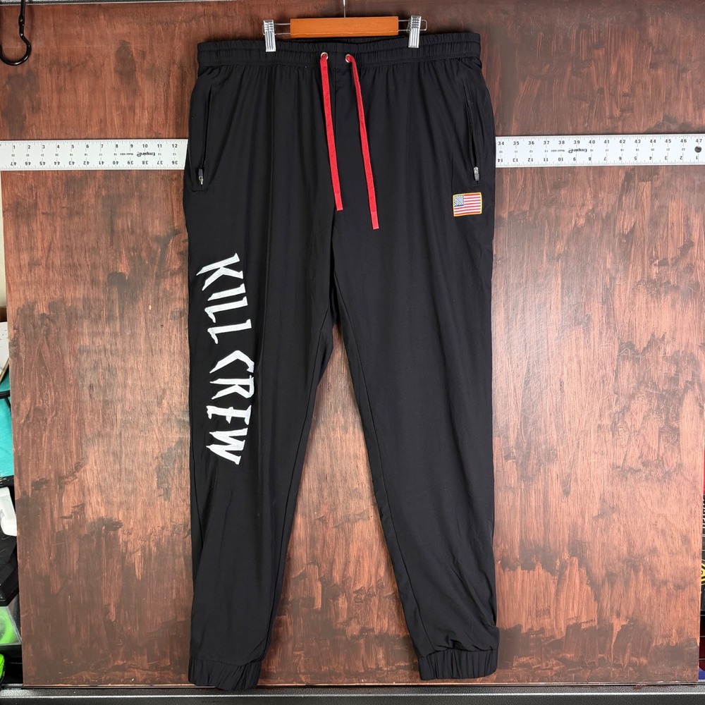 Kill Crew BJJ Nylon Jogger Pants American Flag Logo Athletic Gym Mens 2XL Black